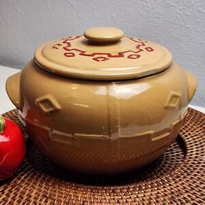 Vintage Southwest Style Stoneware Pot, Red Diamond Details
